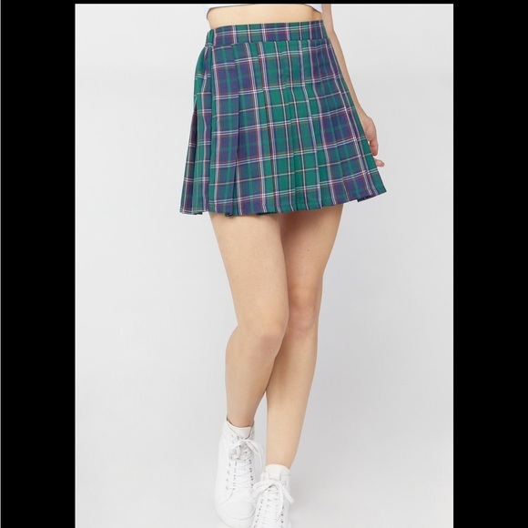 Womens Pull-On Fit Plaid Pleated Twill Mini Skirt Green Purple - Picture 1 of 5
